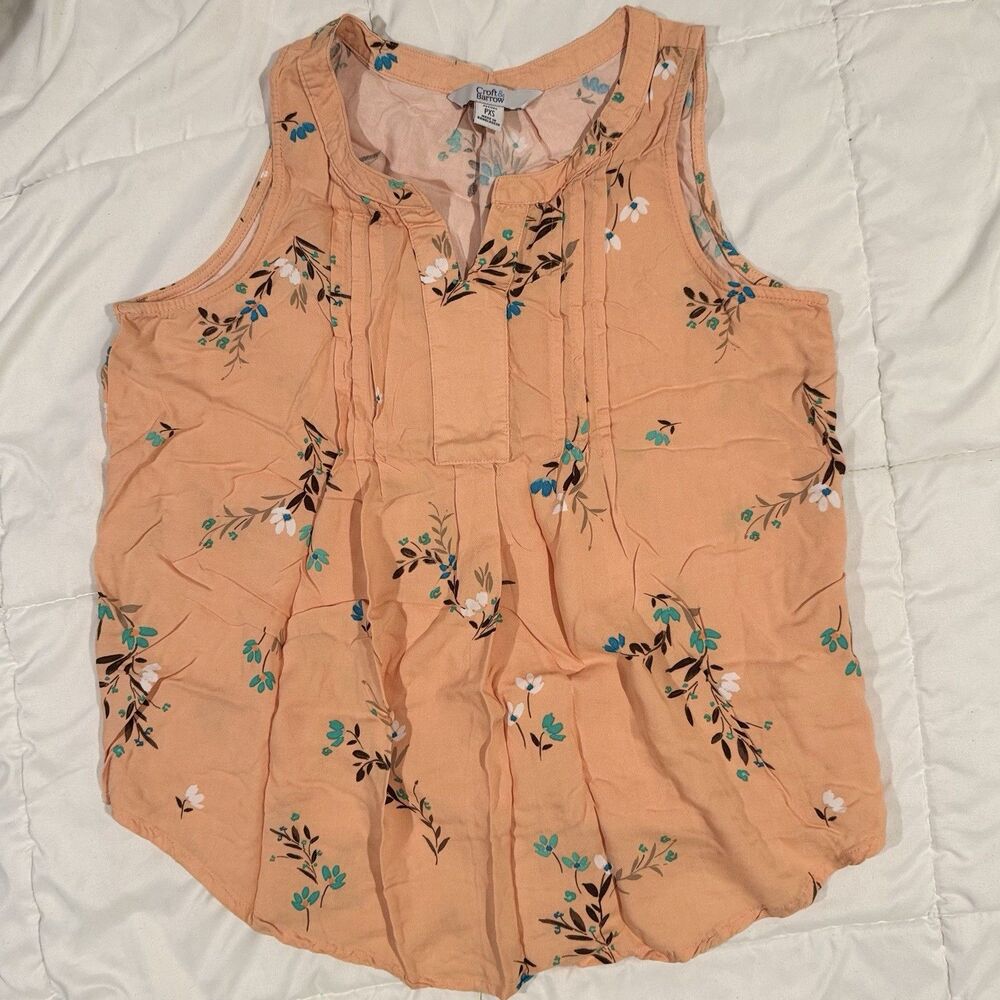 Croft & Barrow Coral Orange Floral Tank Top Tunic Petite XS V Neck Spring Flowy